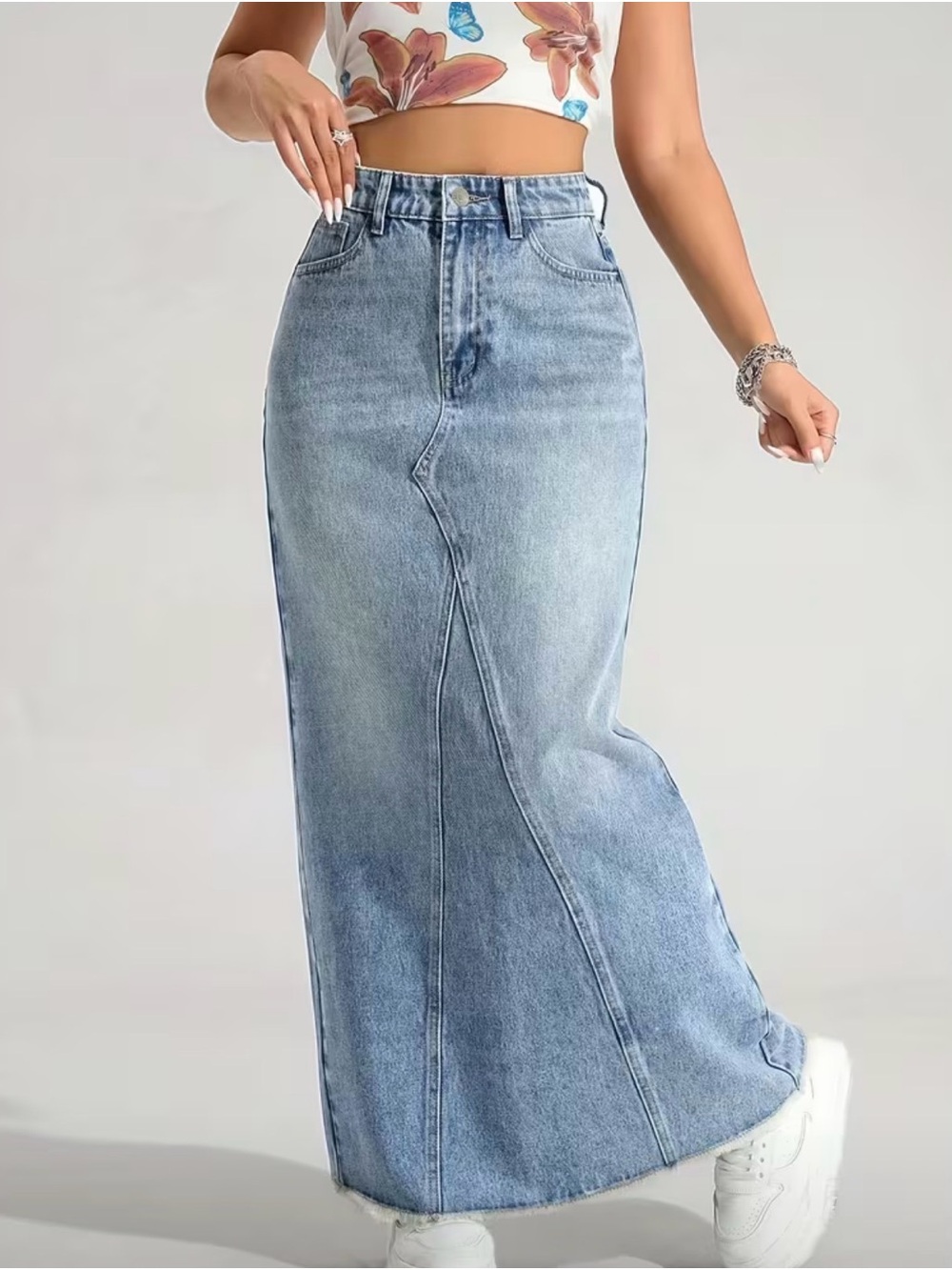 Light Wash Denim Maxi Skirt